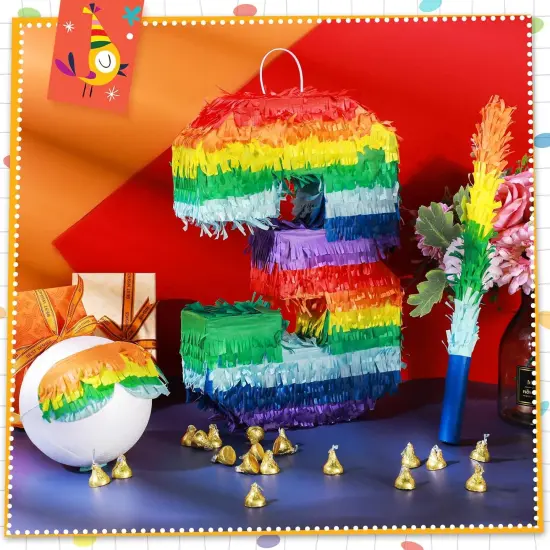 Rainbow Number Pi&ntilde;ata Multicolor Number Pi&ntilde;ata Small Kids Birthday Party with Blindfold Stick and Confetti for Birthday Anniversary Cinco De Mayo Fiesta Party Decor(Number 3) {2}