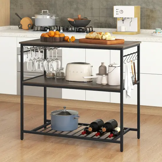 Grey Wooden Kitchen Island with 3 Shelves Wine Glass Holders and 10 Metal Hooks {3}