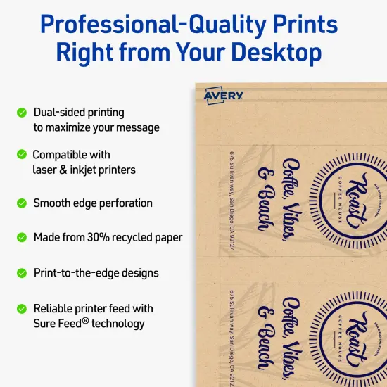 Avery Printable Arched Business Cards, Sure Feed Technology, 2" x 3-1/2", Matte Kraft Brown Cardstock, Print-to-The-Edge, Laser/Inkjet Printable, 80 Total {2}