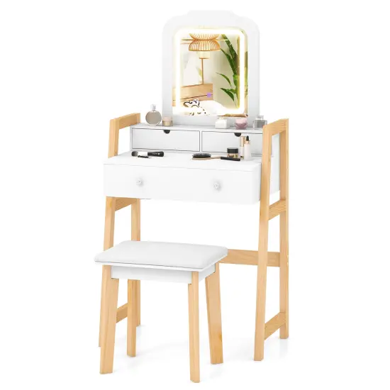 White Adjustable Height Vanity Desk Set with 3-Color LED Lighted Mirror and Storage Drawers {4}