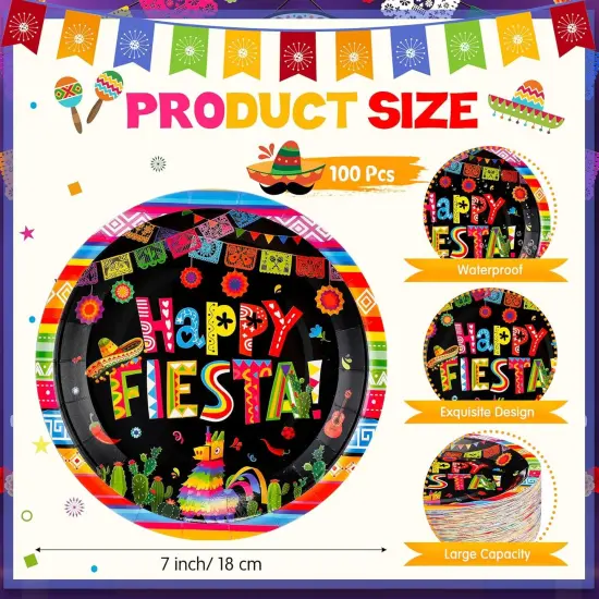 100 Pcs Mexican Paper Plates 7 Inch Disposable Fiesta Cake Dessert Plates Cinco De Mayo Party Decorations for Taco Tuesday Birthday Party Supplies(Fiesta Style) {3}