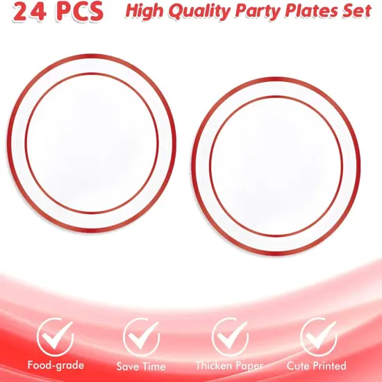 Red Party Supplies,Red Disposable Tableware Includes 24 Plates,24 Napkins and 1 Tablecloth {2}