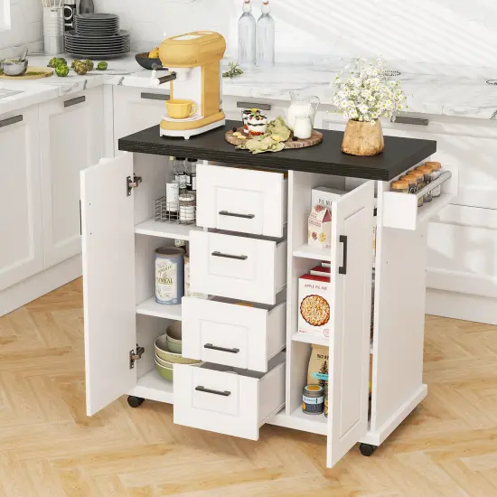 White Engineered Wood Kitchen Island Cart with Drawers and Towel Rack {3}