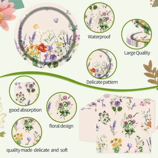 75pcs Floral Disposable Tableware Set, Spring Floral Paper Party Supplies Plates Napkins Wildflower Dinnerware Favors for Baby Shower Girls Women Birthday Tea Picnic Serve 25 Guests {3}