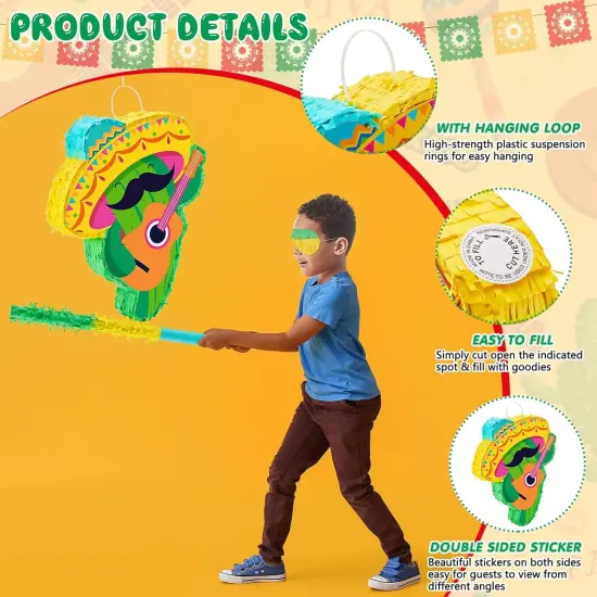 Cactus Pi&ntilde;ata Mini Sombrero Party Hats Mexican Fiesta Decorations with Pi&ntilde;ata Stick Blindfold Confetti Set, 16.1 x 13 x 3 Inch {4}