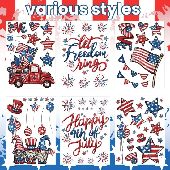 6 Sheets Patriotic Window Clings Happy 4th of July Window Stickers Gnome Truck Stars Firework USA Window Decals Independence Day Window Decor for Home School Office Party Glass Supplies {3}