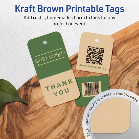 Avery Printable Perforated Rounded Rectangle Price Tags, Sure Feed Technology, 1-1/2" x 3", Matte Kraft Brown Cardstock, Print-to-The-Edge, Laser/Inkjet Printable, 100 Total {3}
