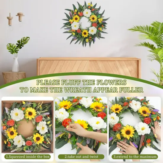 26" Summer Sunflower & Peony Wreath &ndash; Handmade Front Door Wreath for Farmhouse Porch, Bright All-Season Home Decor Gift {5}