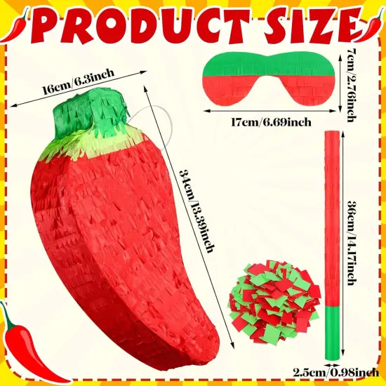 Red Chili Pepper Pi&ntilde;ata with Pi&ntilde;ata Stick and Blindfold, Fiesta Pi&ntilde;ata Funny Pi&ntilde;ata for Hot Pepper Festival Chili Themed Birthday Party Supplies Decoration {3}