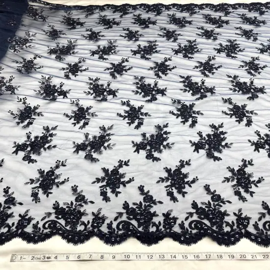 1 Yard Beaded Corded Bridal Lace Fabric Embroidered Mesh Champagne 54" Width Navy {1}