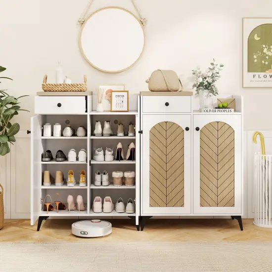 White Wooden 2-Door Shoe Rack Cabinet with 6 Removable Shelves and Side Drawer {6}