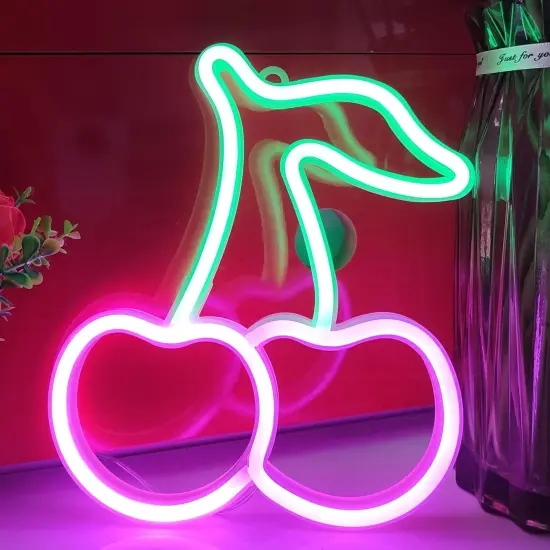 Summer Cherry Neon Sign, USB or 3-AA Battery Powered Neon Light, LED Table Decoration, Bedroom Wall Decoration, Birthday Gift, Wedding Supplies Business Gift (Green+Pink) {1}