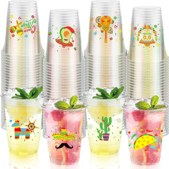 120 Pieces 16 oz Mexican Fiesta Plastic Cups Clear Disposable Cups with Double-sided Different Patterns Cinco De Mayo Drinkware Party Supplies Fiesta Taco Birthday Decorations, 4 Styles {1}
