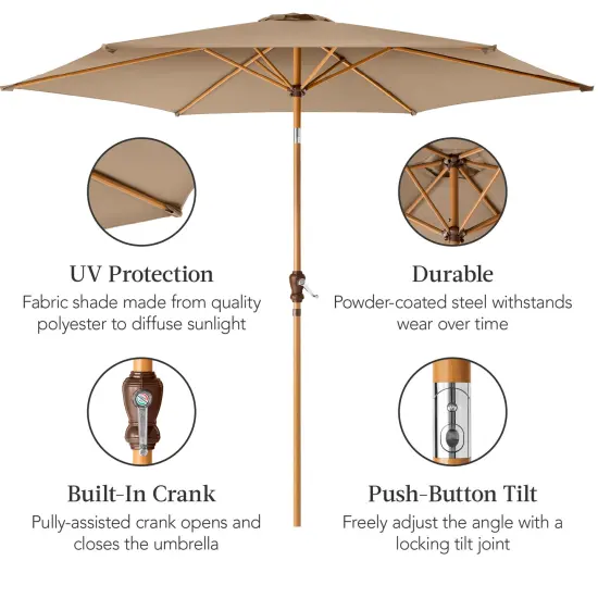 Best Choice Products 10ft Outdoor Woodgrain Pattern Steel Market Patio Umbrella w/ Crank, Tilt Tan {6}