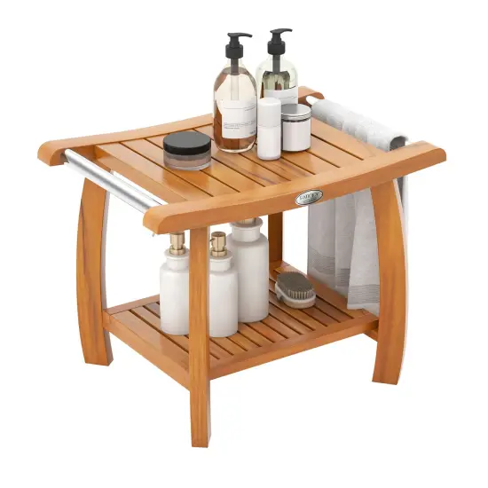 2-Tier Teak Wood Shower Bench Stool with Curved Seat and Handles Ideal Use as Plant Stand or Side Table {4}