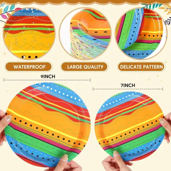 100 Pack Mexican Independence Day Fiesta Paper Plates Colorful Stripes Dinner Plates and Mexican Serape Dessert Party favors for Birthday Taco Party Supplies {2}