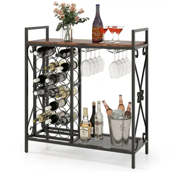 Rustic Brown Freestanding 21 Wine Bottle Organizer with Glass Holder and Metal Frame {4}