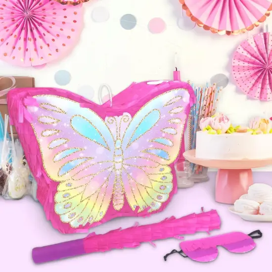 Butterfly Pinata for Birthday Party Supplies Colorful Butterfly Pinata with Stick and Blindfold Butterfly Themed Party Decoration, Small Pinata Party Supplies(16 x 12.6 x 4.2 In) {4}
