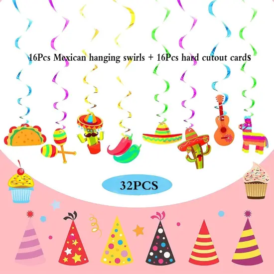 32Pcs Mexican Fiesta Hanging Streamers Swirl Decorations - Taco Twosday Birthday, Cinco De Mayo Party Supplies - Taco Party Ceiling Hanging Decorations for Boys & Girls Showers {2}