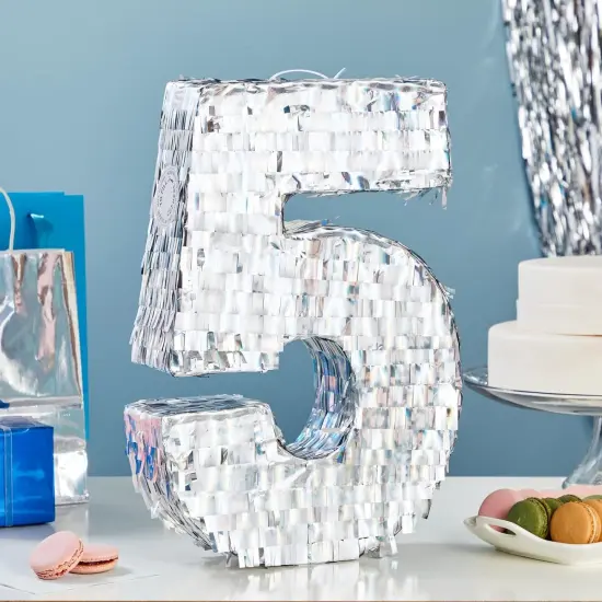Small Holographic Silver Foil Number 5 Pinata for Kids Birthday Party Decorations (15.7x9x3 in) {2}