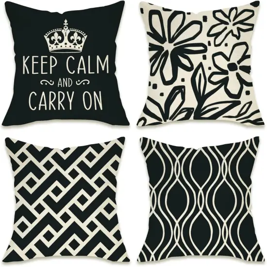 Decorative Throw Pillow Covers 18x18 Set of 4, Inspirational Black White Geometric Outdoor Pillowcase, Modern Abstract Flower Couch Cushion Case Home Decor {1}