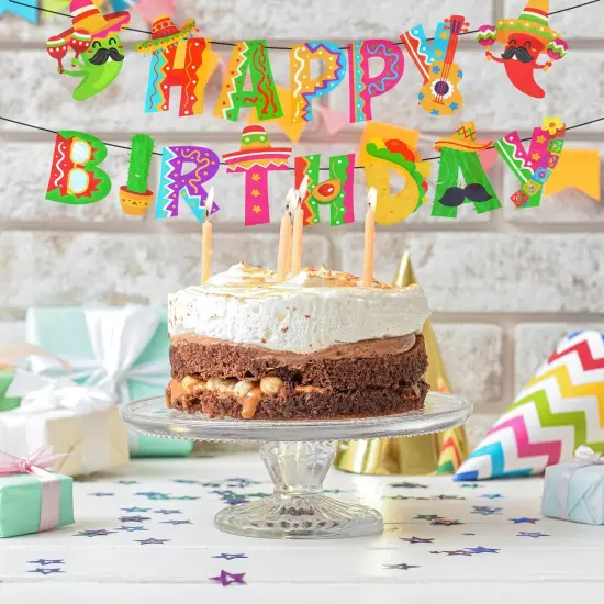 2Pcs Mexican Happy Birthday Banner Colorful Mexican Fiesta Birthday Bunting Garland Cinco De Mayo Taco Paper Banner Pre-Assembled for Mexican Carnival Birthday Hanging Decor Party Supplies {3}