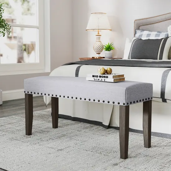 42.5 Inch Grey Upholstered Entryway End of Bed Bench with Padded Seat and Wooden 4 Legs {2}