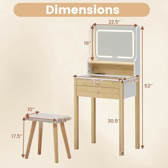 White Small Dressing Table Set with Adjustable LED Lighted Mirror and Power Outlets {4}