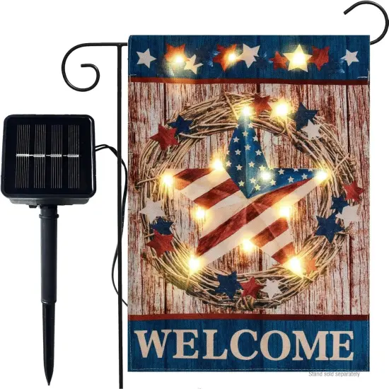 Welcome Patriotic Barn Star Garden Flag with Lights- Solar LED Burlap Mini Small All Seasons Garden Flag Welcome Sign 12x18 Double Sided for Outside Outdoors Patio Lawn Yard Decoration Farmhouse {1}