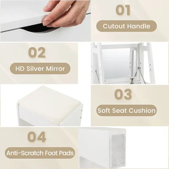 White Vanity Desk Set with Flip Top Mirror and Hidden Storage Compartments Cushioned Stool {6}