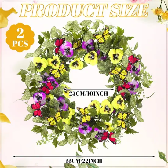 2 Pcs Summer Door Wreaths for Front Door &ndash; 22'' Artificial Yellow and Purple Pansy Wildflower Wreaths for Indoor and Outdoor Home Decor {2}