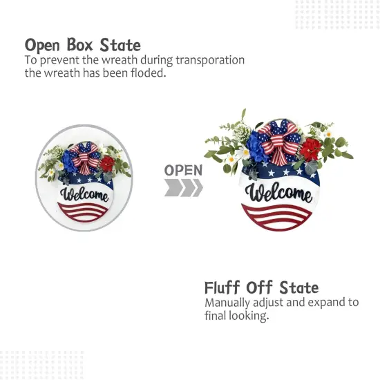 Welcome Sign Wreath 4th of July Wreath Patriotic Wreath for Front Door, 16" Red White and Blue Flower Wooden Sign Wreath for Memorial Day Independence Day Decoration {4}