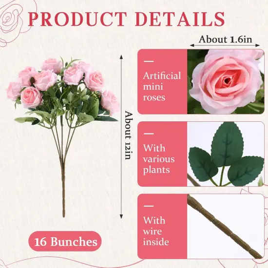 16 Bunches 12 in Artificial Mini Rose Bouquet {2}