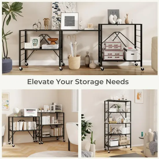 Black Metal Foldable Storage Shelf and Adjustable 5-Tier Shelves with Wheels {5}
