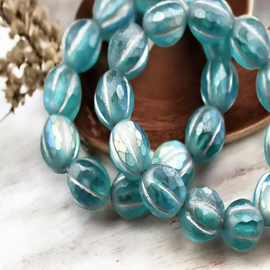 *12* 10mm Metallic Beige Washed Matte Teal AB Faceted Round Melon Beads {4}