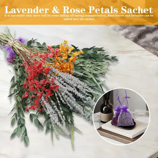 128 Pcs Mixed Real Dried Eucalyptus Stems, 100% Natural Preserved Eucalyptus Leaves with Lavender & Rose Flower Sachet Bundles, Greenery for Hanging Shower, Plant Fragrance, Wedding Decor {3}