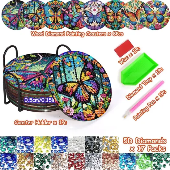 Diamond Painting Coasters Kits with Holder, DIY Butterfly Diamond Art Coaster Non Slip Coaster for Tabletop Protection 4x4 Inch {2}