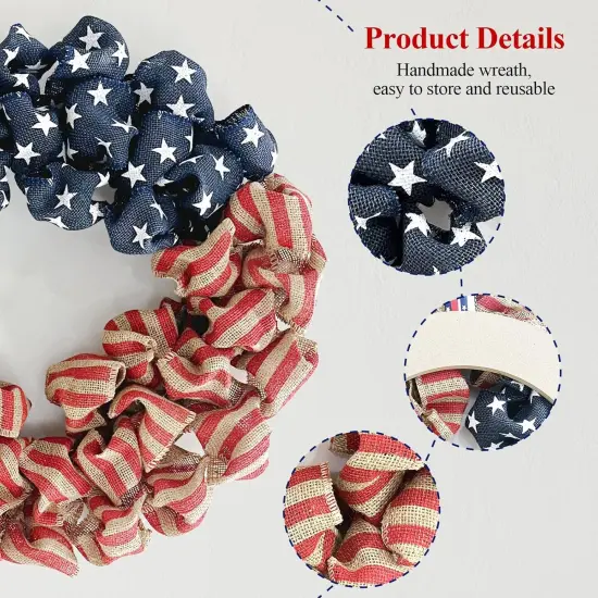 24 Inch Summer Patriotic Front Door Wreath, 4th July Independence Day Wreath America Patriotic Flag Burlap Farmhouse Decor, Memorial Day Americana Wreaths for Front Door Window Christmas Decor {3}