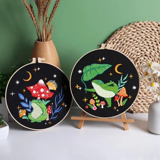 3 Sets Frog Embroidery Kits for Beginners,Cross Stitch Kit for Adults,Crewel Starters Needlepoint with Embroidery Hoop,Threads and Instruction {5}