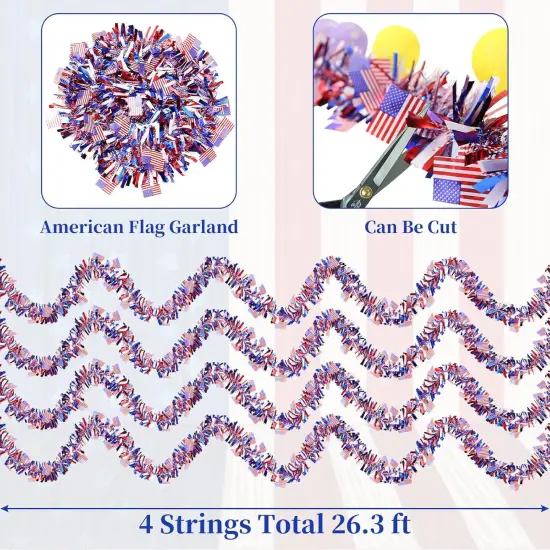 4 Strings Total 26.3 ft American Flag Tinsel Garlands - Each 6.6ft Red White Blue Fringe Garland with USA Flag Hanging Glitter Streamers for 4th of July, Independence Day, Patriotic Party Decorations {2}