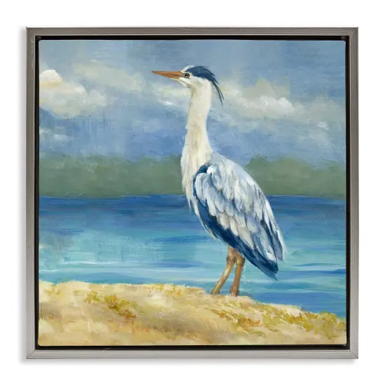 Stupell Industries Heron on Cloudy Beach Framed Floater Canvas Wall Art Design by Lanie Loreth {1}