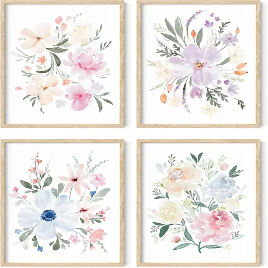 Summer Set of 4 Flower Posters, Wall Decor, Floral Prints, Wall Flower Pictures, Botanical Prints, (Unframed, 8x10) {1}