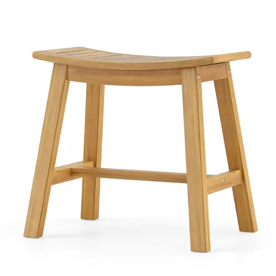 Natural Teak Wood Shower Stool with Curved Seat and H-Shaped Support Bars {1}