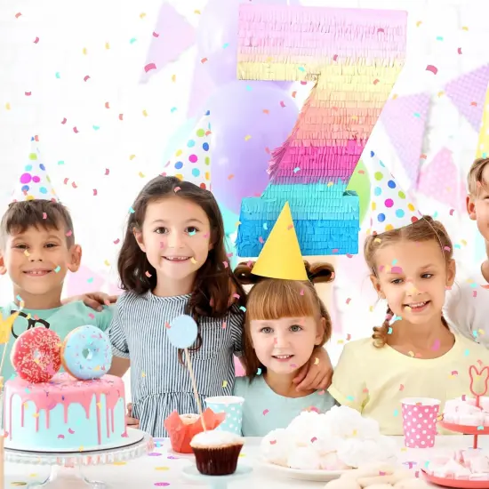 16 Inch Number Pi&ntilde;ata Kids Birthday Party Macaron Pi&ntilde;ata with Blindfold Stick and Confetti for Unicorn Birthday Wedding Baby Shower Decor(Number 7) {5}