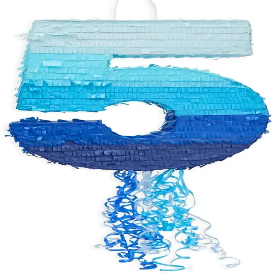 Ombre Blue Number 5 Pull String Pinata, Party Game for Kids, 16.5 x 11.3 In Fillable Hanging Decoration for 5th Birthday Decorations for Boys Girls, Holds Candy, Toys, Confetti {4}