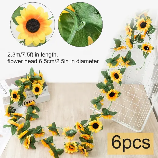 6Pcs Artificial Sunflower Garland &ndash; 7.5ft Silk Sunflower Hanging Vines with Green Leaves for Summer Home, Wedding, Party, and Garden Table Decor {2}
