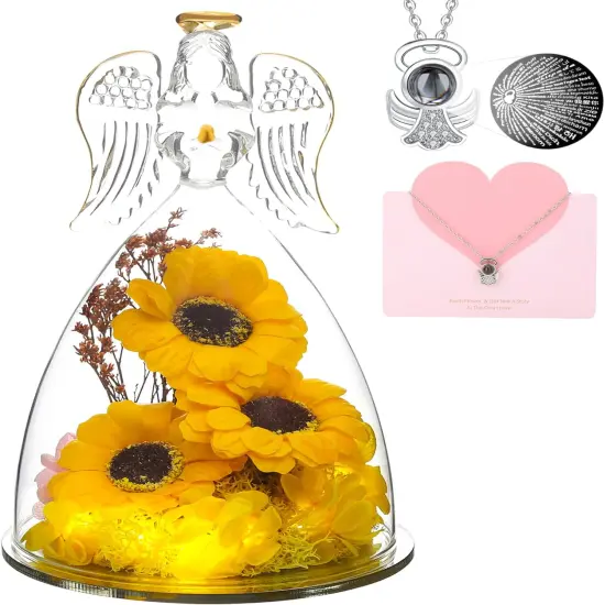 Mothers Day Rose Gifts for Mom,Sunflower Gifts for Her,Angels Figurines with 3 Sunflowers & Lighted with Necklace,Sunflower Birthday Gifts for Women Mom Wife Girlfriend {1}