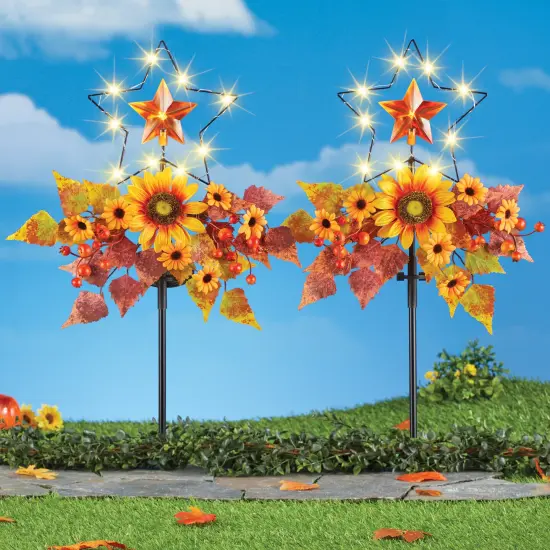 Collections Etc Solar Powered Autumn Star Floral Garden Stakes - Set of 2 {1}