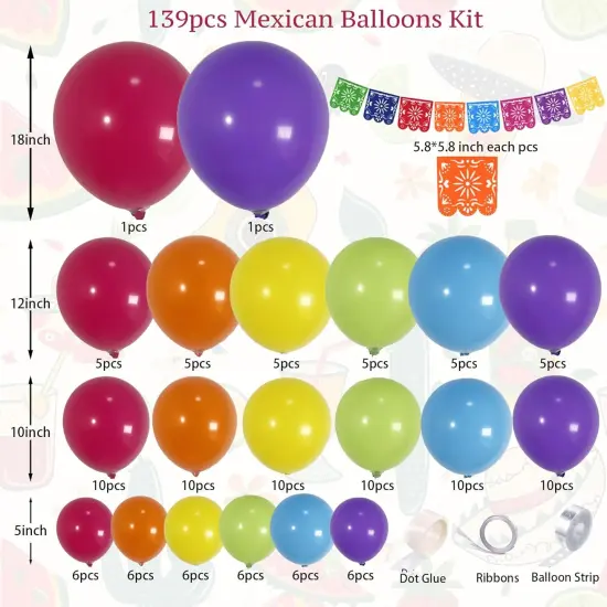 139Pcs Colorful Mexican Cinco De Mayo Balloon Kit With Mexicana Papel Picado Fiesta Banner for D&iacute;a De Muertos, Loteria Taco Bout Baby Shower My First Birthday Party Decoraci&oacute;n {2}