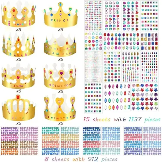 63 pcs Paper Crowns Princess Prince Crown Kids Birthday Party King Hats Gold gem Jewels Number Letter Stickers {2}
